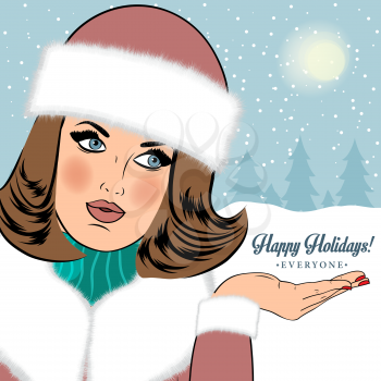 Sexy, beautiful woman in the winter wishing Happy Holidays, vector eps10