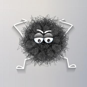 Fluffy black  spherical creature worried and stressed, vector illustration
