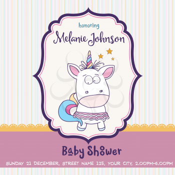 Beautiful baby shower card template with lovely baby girl unicorn, vector format