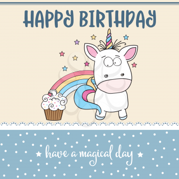happy birthday card  with lovely baby unicorn, vector format