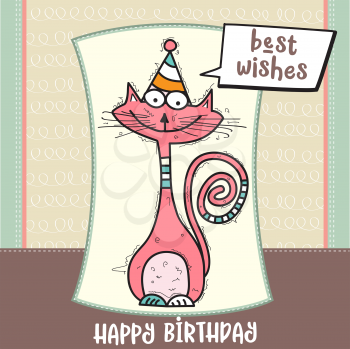 happy birthday card  with funny doodle cat, vector format