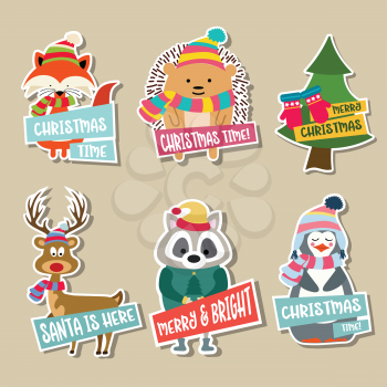 Christmas stickers collection with cute animals and wishes. Flat design