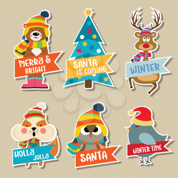 Christmas stickers collection with cute animals and wishes. Flat design