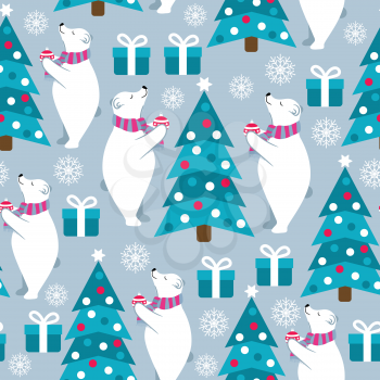 Christmas seamless pattern with polar bears and Christmas trees. Suitable for Christmas posters, wrapping and print. Vector