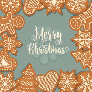 Beautiful Christmas card with gingerbread. Christmas poster. Print. Vector