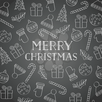 Christmas background with variuous symbols on blackboard. Christmas card. Flat design. Vector