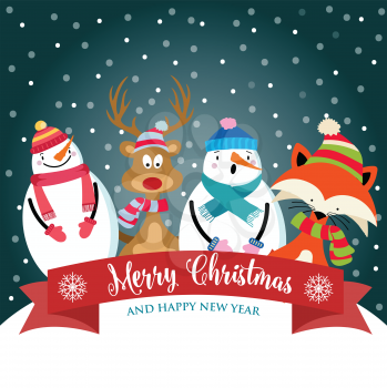 Christmas card with cute dressed animals, snowman and wishes. Flat design. Vector