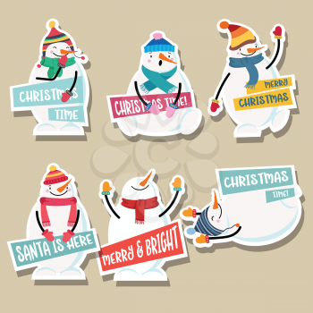 Christmas stickers collection with cute snowman and wishes. Flat design