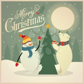 Beautiful flat design retro Christmas card with polar bear and snowman that adorns  the Christmas tree. Flat design. Vector