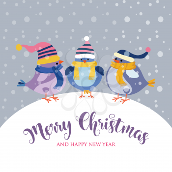 funnyl Christmas card with birds . Christmas poster. Vector