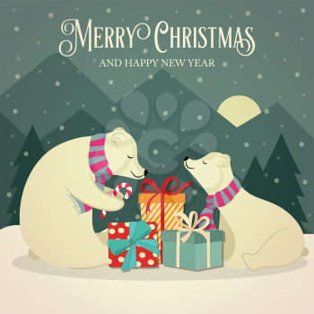 Retro Christmas card with polar bears family and presents. Flat design. Vector
