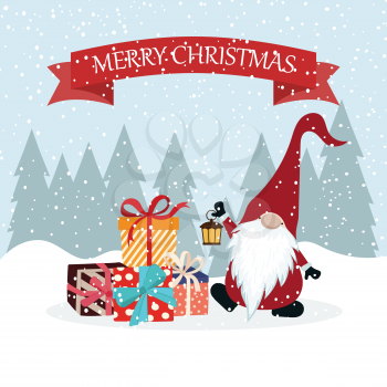 Christmas card with gnome and gift boxes. Flat design. Scandinavian Christmas