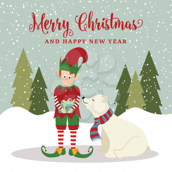 Elf and polar bear. Christmas poster. Vector