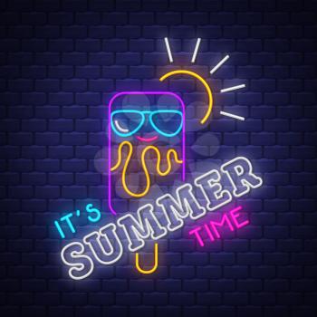 It's summer time. Summer holiday banner. Neon banner. Neon sign. Vector.