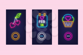 Love mobile app set with neon glow icons. Virtual love. UI design. Vector.