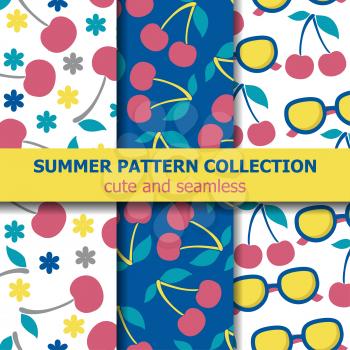 Summer pattern collection with cherries and sunglasses. Summer banner. Vector