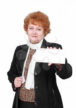Senior lady standing with blank card. Isolated over white