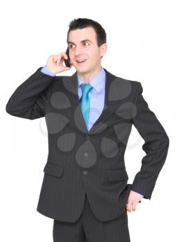 European businessman with cell phone-wonder face. Isolated over white