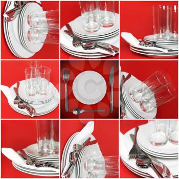 Collage of glasses, plates, covers on red background.