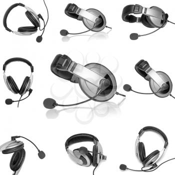 Collage (collections) headsets with a microphone. Isolated