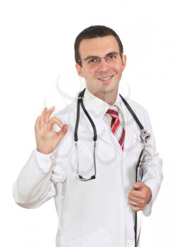   Friedly caucasian  doctor show gesture OK! Isolated over white.