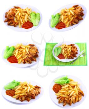 Collection (set) of deep-fried potatoes with fry shrimps and lettuce. Isolated over white background