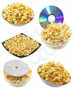 Collection (set) of caramel popcorn with DVD disk . Isolated