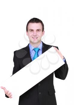 Caucasian businessman with empty , blank white card. Isolated