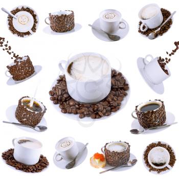 Collage (collection) of various coffee cups with coffee. Isolated over white.