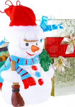 New Year decoration- snowman and New Year Year gift box. Close-Up. Isolated over white