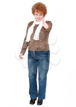 Senior lady standing showing thumbs up. Isolated over white