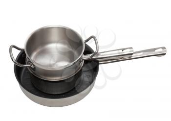 Collection of dishes - frying pan,saucepan which made of stainless steel. Isolated.