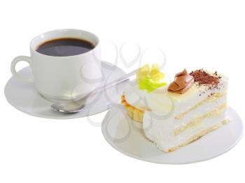 Sponge cake and baked shell with cup of coffee. Isolated