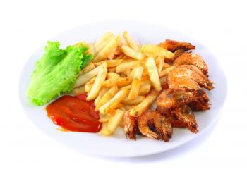 Deep-fried potatoes with fry shrimps and lettuce. Isolated over white background