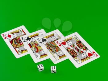 The dice and playing cards on green broadcloth (background).