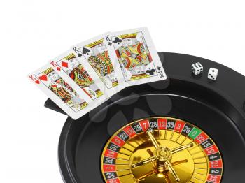 Spin casino roulette, dice and playing cards. Isolated over white
