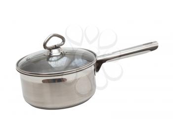 Saucepan, made of stainless steel with long handle,cover, on white background. Isolated