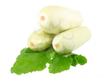White vegetable  marrow with green foliage on white background. Isolated over white