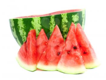 Half of watermelon with juicy slice, isolated on white.