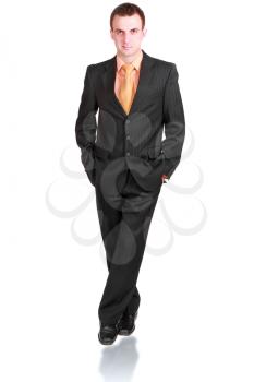 Portrait of cheerful  businessman in suite. Isolated over white.
