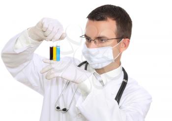 Doctor  resarch a medical test glass with urine. Isolated over white