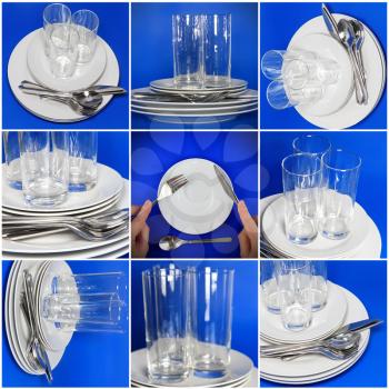 Collage of glasses, plates, covers on blue background.