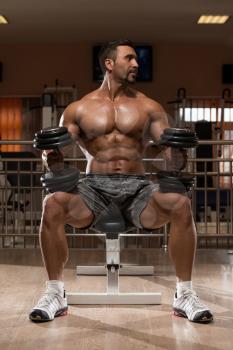 Hispanic Bodybuilder Working Out Shoulders - Dumbbell Concentration Curls