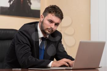 Happy Young Business Man Work In Modern Office On Computer