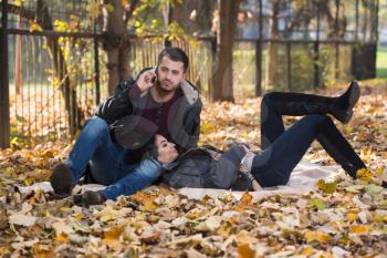 Beautiful Young Couple Sitting In The Park On A Beautiful Autumn Day - Boyfriend Using A Telephone