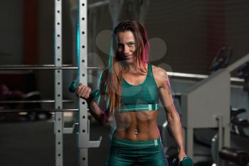 Muscular Young Woman Doing Heavy Weight Exercise For Biceps With Dumbbells In A Fitness Center Gym