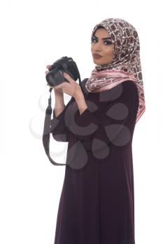 Arab Woman Photographer Holding A Dslr Camera Isolated On A White Background