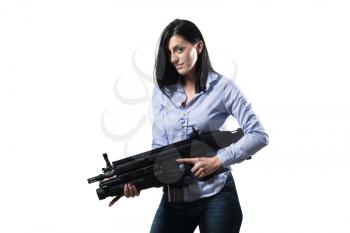 Woman Isolated on a White Background With a Handgun as She Turns and Aims Off Camera