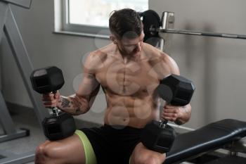 Fitness Man Preparing To Working Out Shoulders In Fitness Center - Dumbbell Concentration Curls