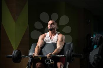Muscular Man Doing Heavy Weight Exercise For Biceps With Barbell In Gym
